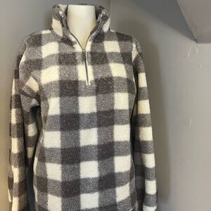 LOFT Women's Gray and Cream Checkered Zip-Up Top